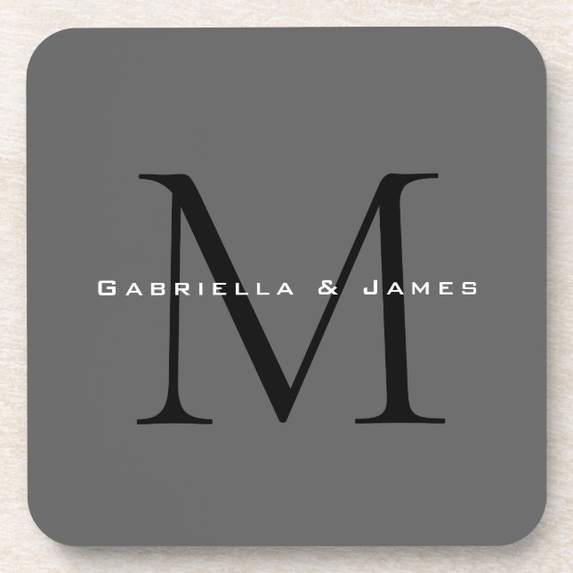 Monogrammed Black Grey Calligraphy Wedding Beverage Coaster (Front)