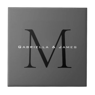 Monogrammed Black Grey Calligraphy Wedding Ceramic Tile