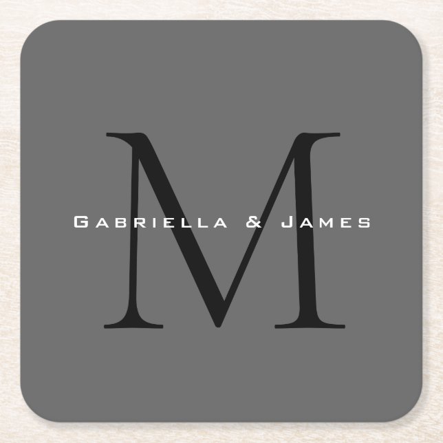 Monogrammed Black Grey Calligraphy Wedding Square Paper Coaster (Front)