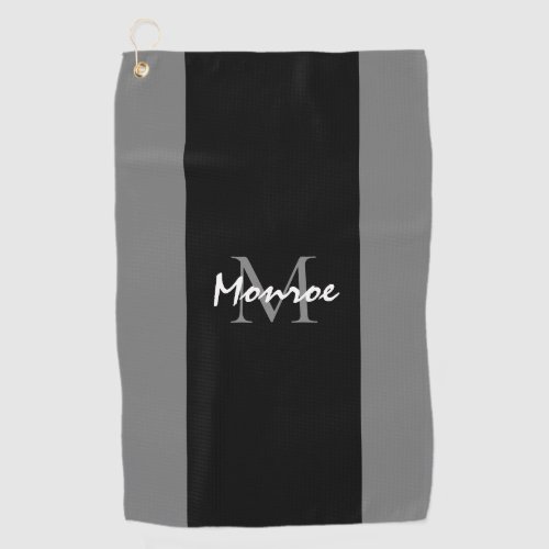 Monogrammed Black Grey Modern Script Personalized Golf Towel