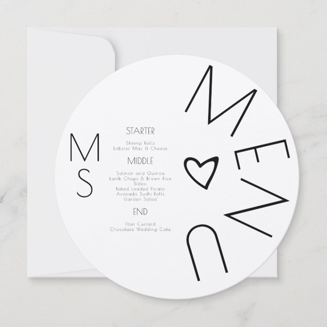 Monogrammed  Black Heart Wedding Menu (Front)