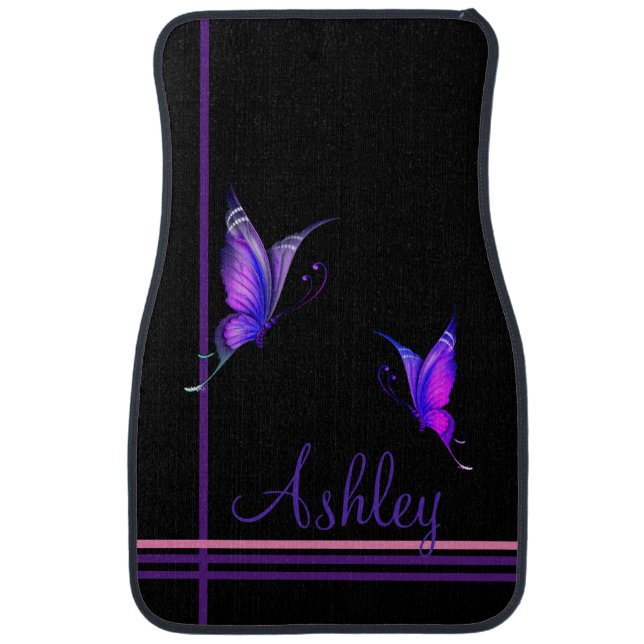 Monogrammed Black, Lavender, Pinks, Butterflies on Car Floor Mat (Front)