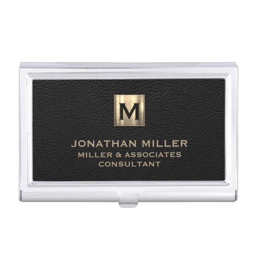 Monogrammed Black Leather Gold Initial Business Card Case