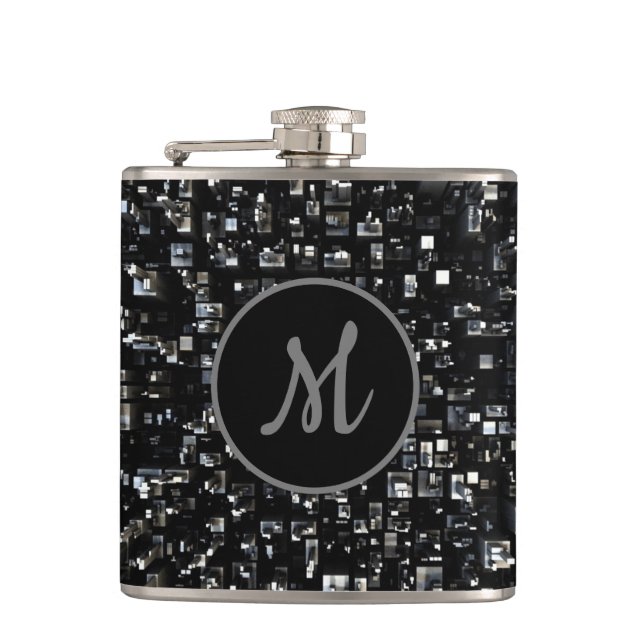 Monogrammed Black Metal Mosaic Flask (Front)