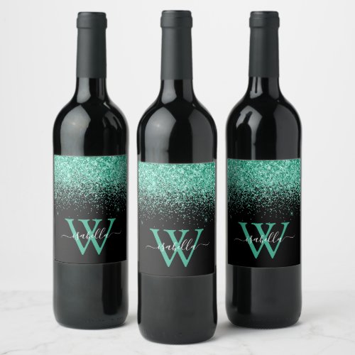 Monogrammed Black Mint Glitter Script Wine Label