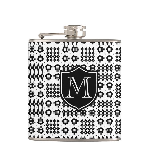 Monogrammed Black on White Faux Welsh Tapestry Flask (Front)