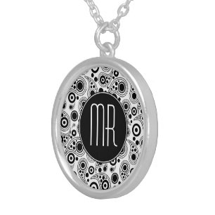 Monogrammed black on white  paisley style pattern silver plated necklace