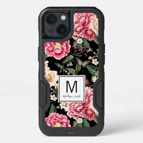 Monogrammed Black Pink Floral Pattern iPhone 13 Case