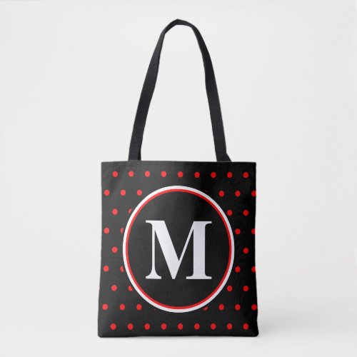 Monogrammed Black Red Polka Dots Tote Bag