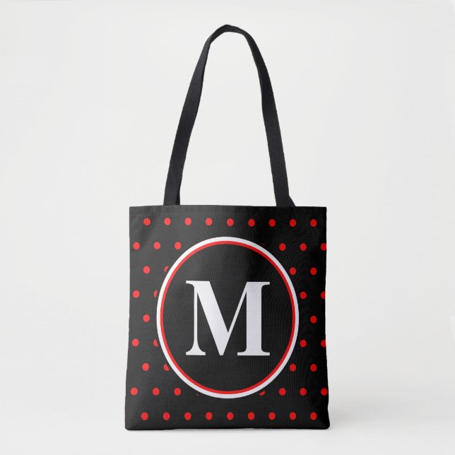 Monogrammed Black Red Polka Dots Tote Bag (Front)