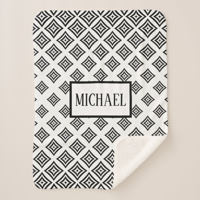 Monogrammed Black Rhomboid Sherpa Blanket (Front)