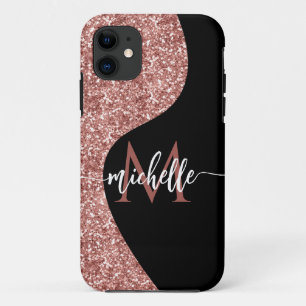 Monogrammed Black Rose Gold Blush Pink Glitter iPhone 11 Case