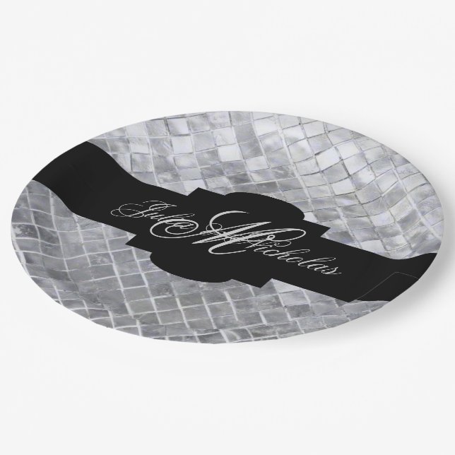 Monogrammed Black & Silver 25th Anniversary Paper Plates (Angled)
