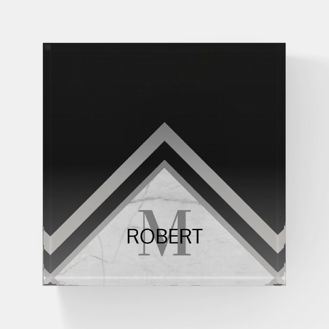 Monogrammed Black Silver Chevron Marble Paperweight (Front)