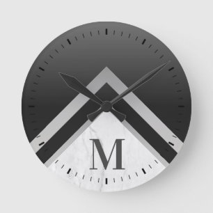Monogrammed Black Silver Chevron Marble Round Clock