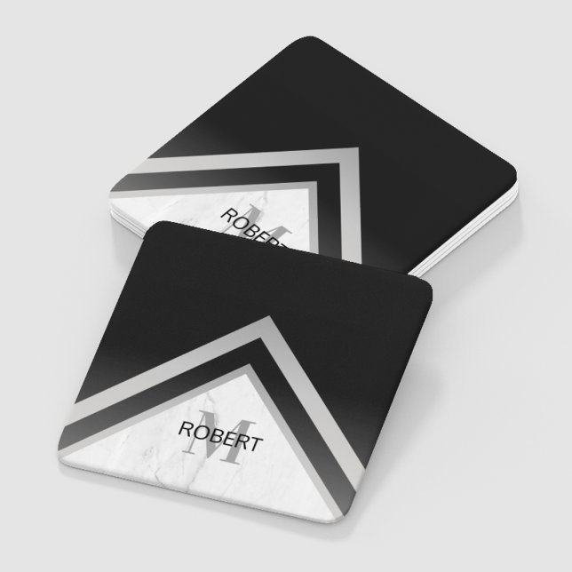Monogrammed Black Silver Marble Geometric Square Paper Coaster (Creator Uploaded)