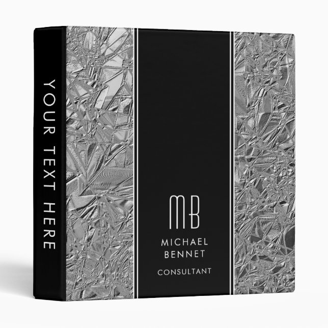 Monogrammed Black Silver Metal 3 Ring Binder (Front/Spine)