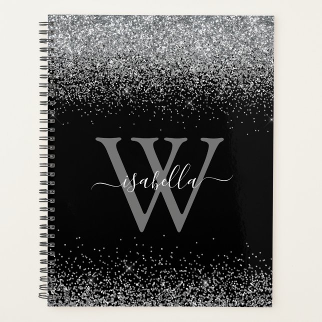 Monogrammed Black Sliver Glitter Script Planner (Front)