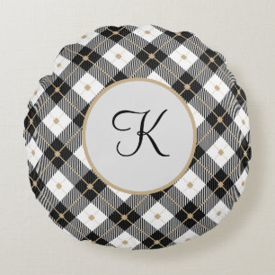 Monogrammed Black White and Gold Plaid Round Pillo Pillow