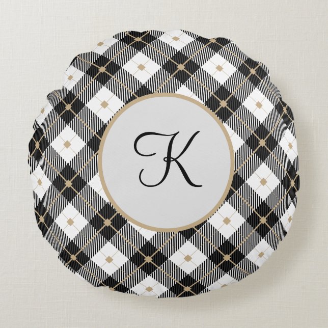 Monogrammed Black White and Gold Plaid Round Pillo Pillow (Front)