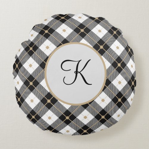 Monogrammed Black White and Gold Plaid Round Pillo Round Pillow