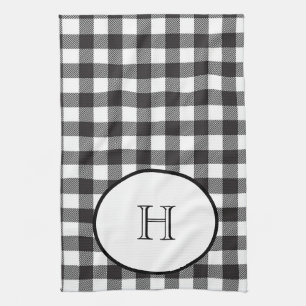 Monogrammed Black White Buffalo Plaid Kitchen Towel