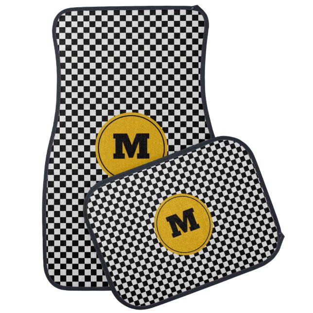 Monogrammed Black & White Checked /retro racing Car Floor Mat (Set)