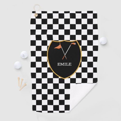 Monogrammed Black White Checks  golf club  flag  Golf Towel