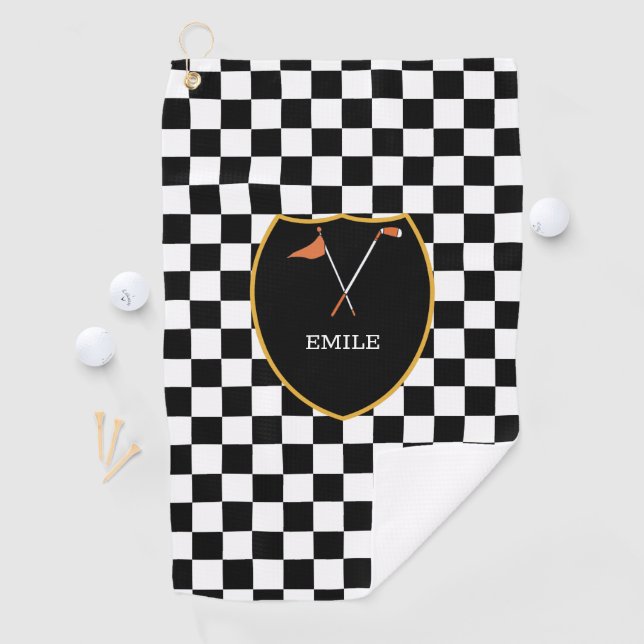 Monogrammed Black White Checks & golf club & flag  Golf Towel (InSitu)