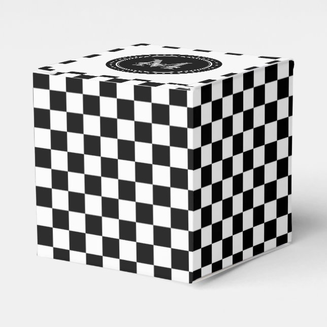 Monogrammed Black White Chessboard Pattern Favor Boxes (Front Side)