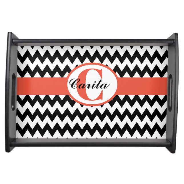 Monogrammed Black/White Chevron Serving Tray (Front)