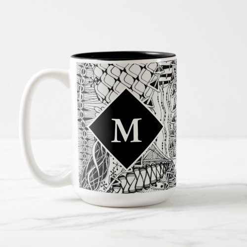 Monogrammed Black  White Doodle Pattern Art ZIA Two_Tone Coffee Mug