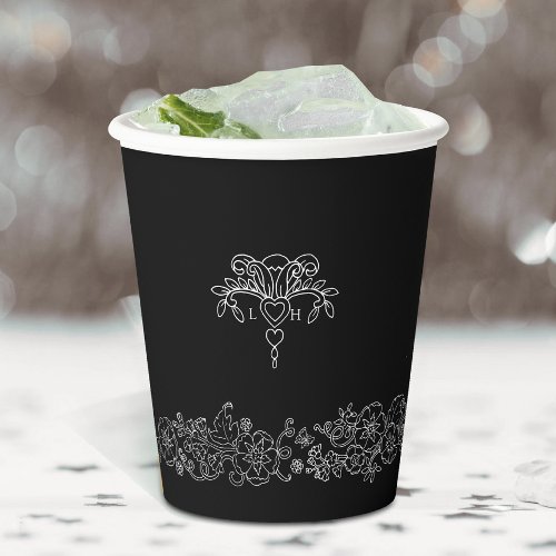 Monogrammed black white fleur de lis wedding paper cups