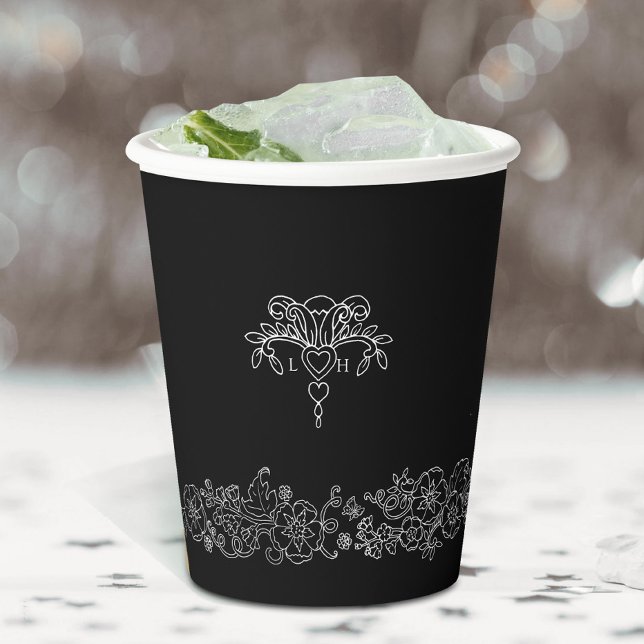 Monogrammed black white fleur de lis wedding paper cups (Creator Uploaded)