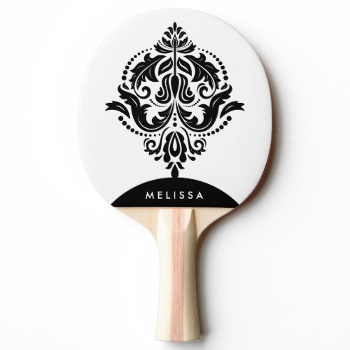 Monogrammed Black &amp; White Floral ornament Ping Pong Paddle