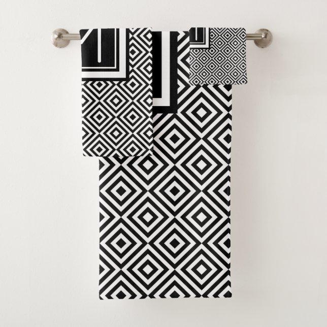 Monogrammed Black  White Geometric  Pattern Bath Towel Set (Insitu)