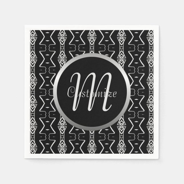 Monogrammed Black & White Geometric Triangles Napkins (Front)