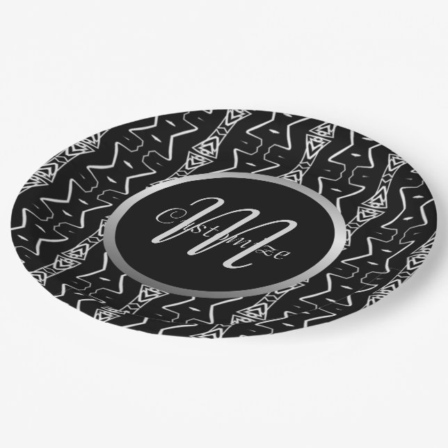 Monogrammed Black & White Geometric Triangles Paper Plates (Angled)
