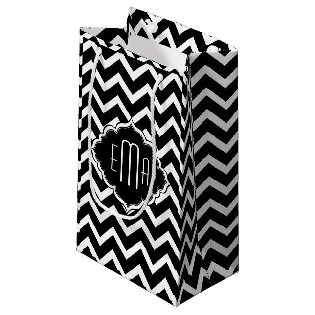 Monogrammed Black & White Geometric Zigzag Chevron Small Gift Bag (Front Angled)