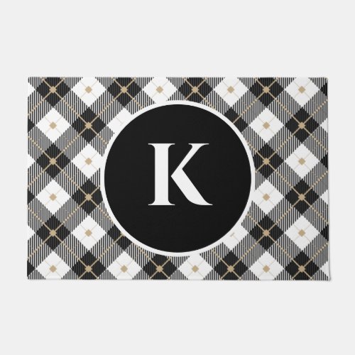 Monogrammed Black White Gold Plaid Doormat