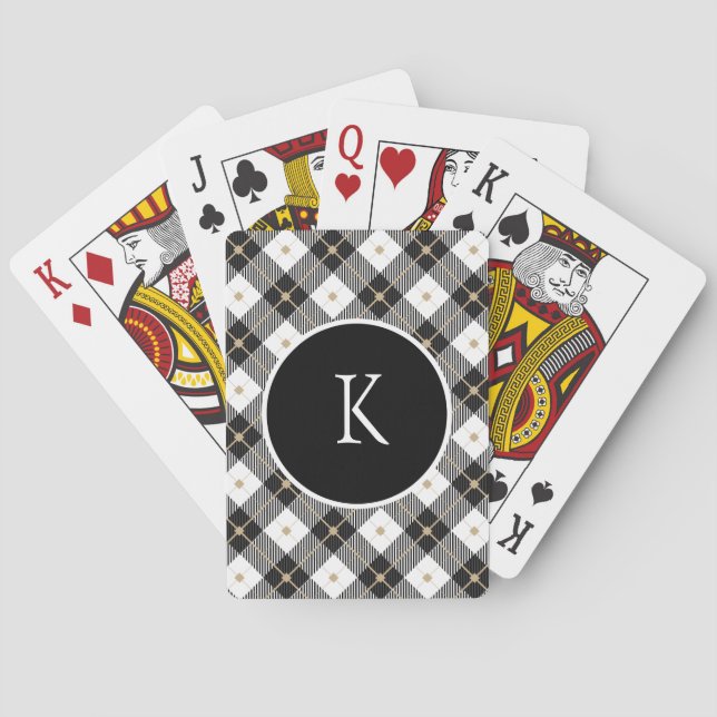 Monogrammed Black White Gold Plaid Poker Cards (Back)