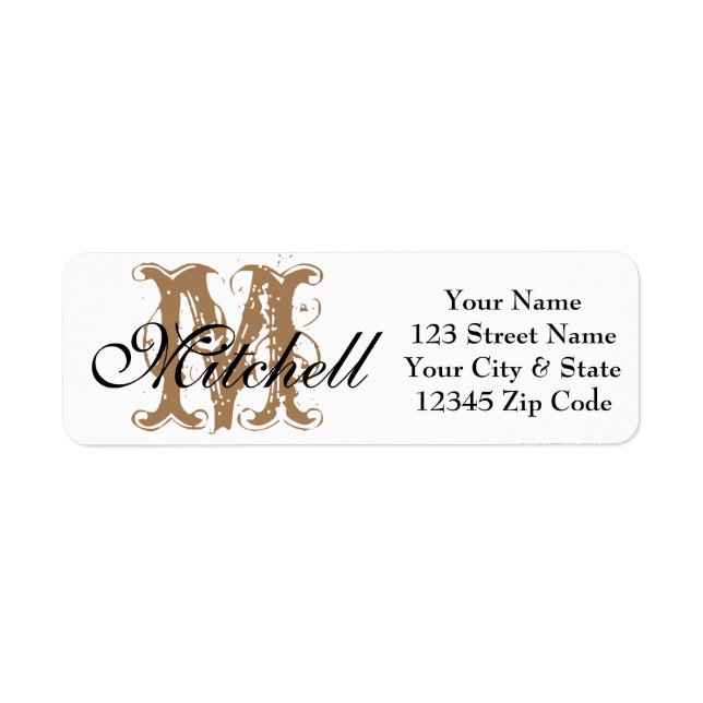 Monogrammed Black White gold return address labels (Front)
