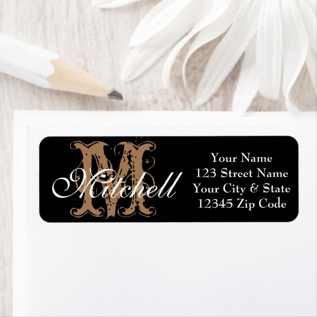 Monogrammed Black White gold return address labels (Insitu)