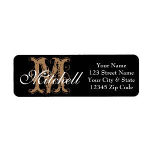 Monogrammed Black White gold return address labels