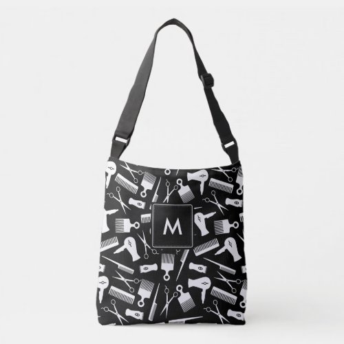 Monogrammed Black White Hair Stylist Pattern Crossbody Bag