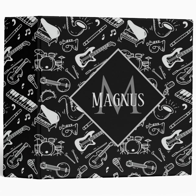 Monogrammed Black & White Instruments Pattern 3 Ring Binder (Front/Spine)