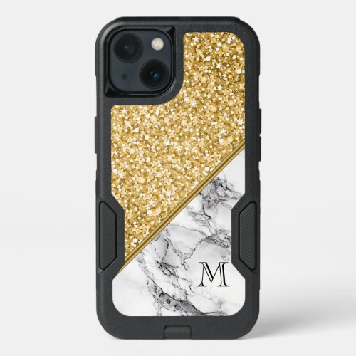 Monogrammed Black White Marble And Gold Glitter iPhone 13 Case