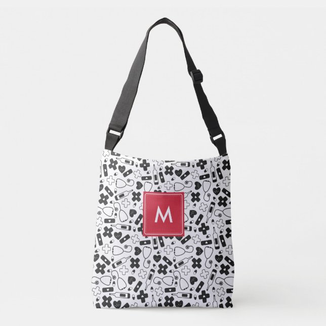Monogrammed Black White Medical Pattern Nurse Crossbody Bag (Front)
