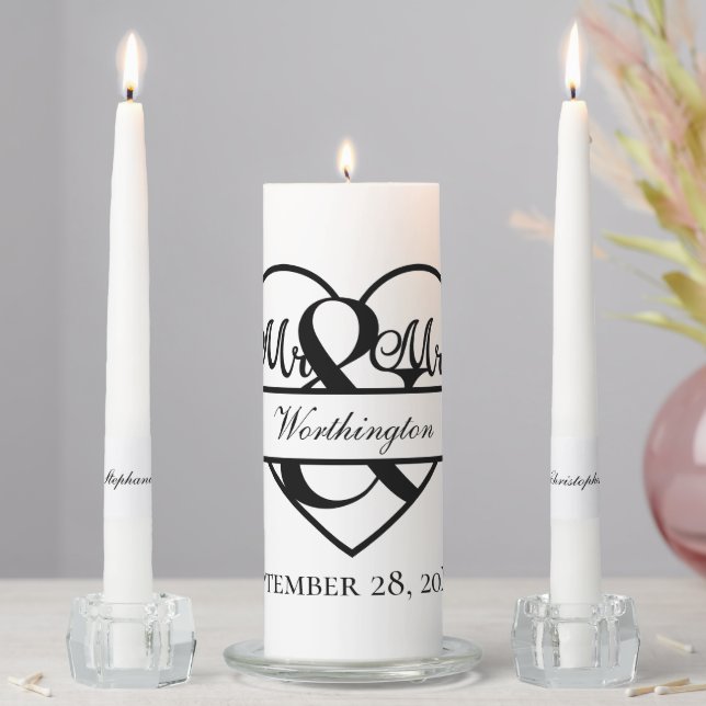 Monogrammed Black White Mr. and Mrs. Wedding  Unity Candle Set (In Situ)