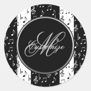 Monogrammed Black & White Musical Stripes Classic Round Sticker